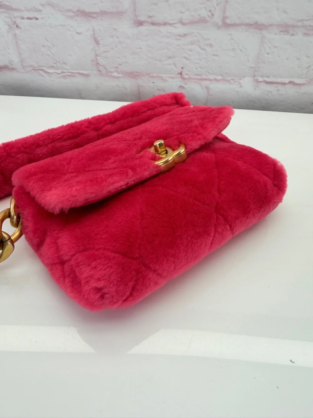 Chanel Shearling Hot Pink Quilted Flap Fur Shoulder Bag